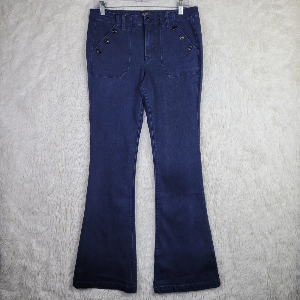 Suede Taylor Flare Jeans Womens 30 Dark Wash Nautical Button Bell Bottom Indigo